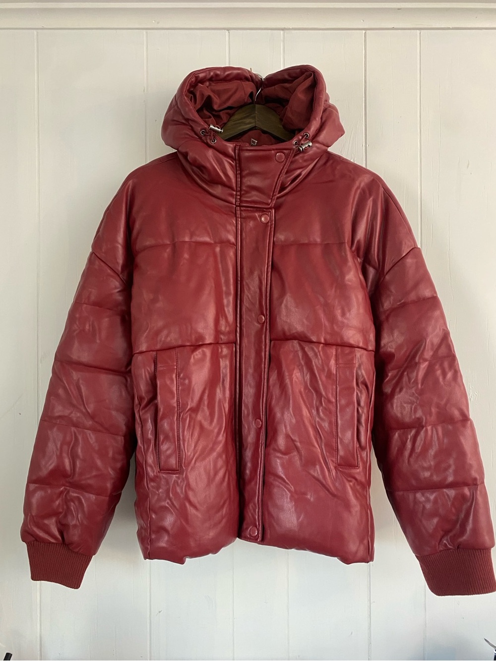 Levi's Red Faux Leather Hooded Cinch Waist Puffer Jacket XXL